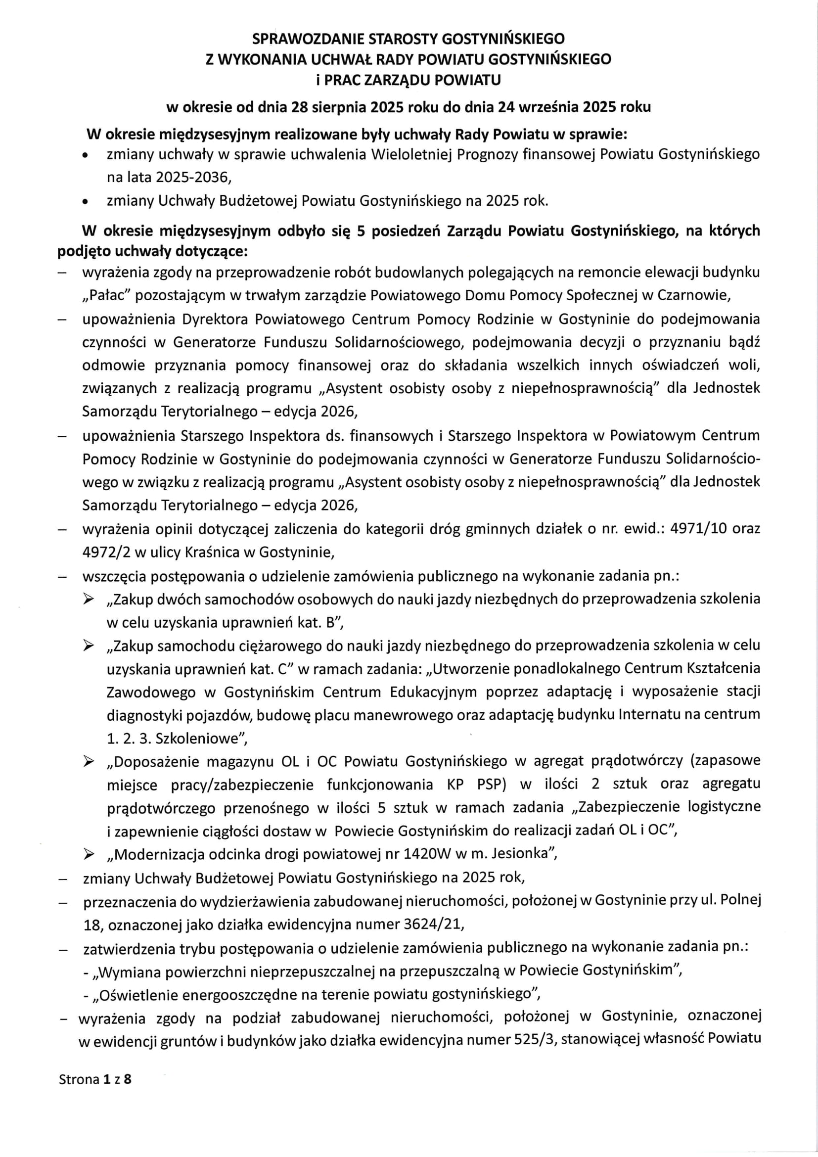 Sprawozdanie Starosty Gostynińskiego z wykonania uchwał Rady Powiatu Gostynińskiego i prac Zarządu Powiatu w okresie od dnia 28.08.2025 r. do dnia 24.09.2025 r. 1
