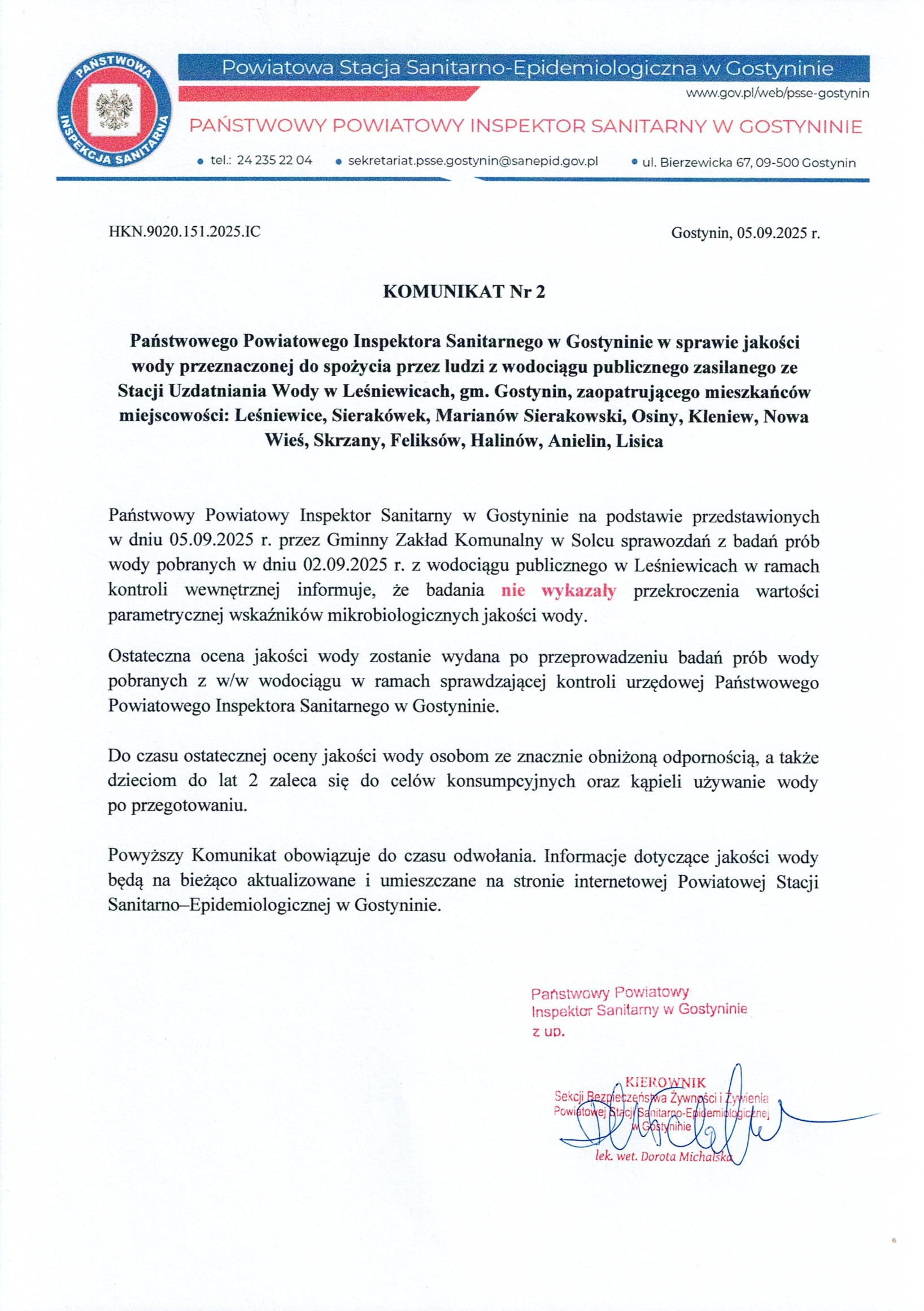 Komunikat Nr 2 Leśniewice 1